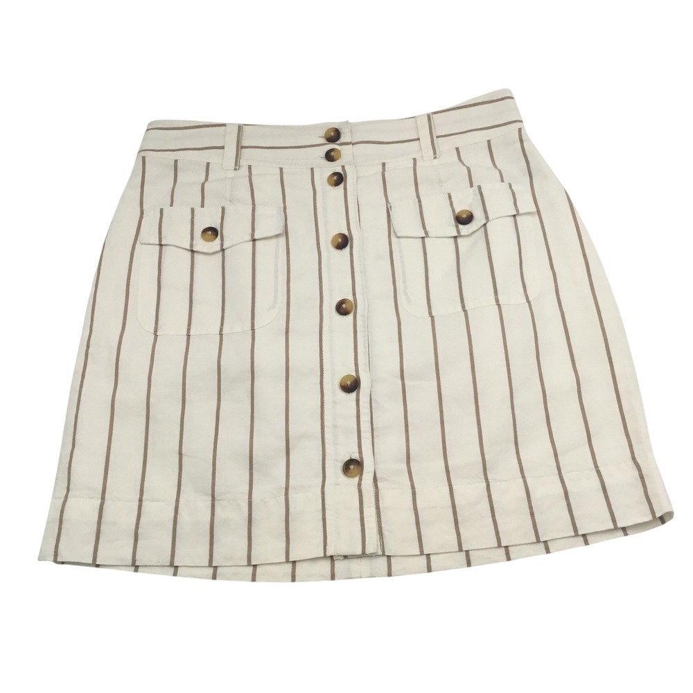 Vineyard Vines Striped Button Front Linen Blend Mini Skirt White Tan XS